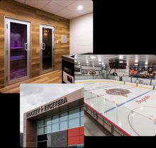 A group of 3 photos of the Hockey Etcetera complex, including the saunas, the ice surface, and the front entrance.