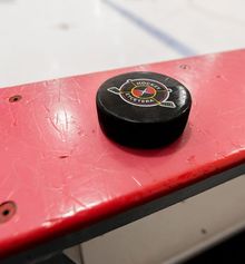 Hockey Etcetera puck sitting on the boards